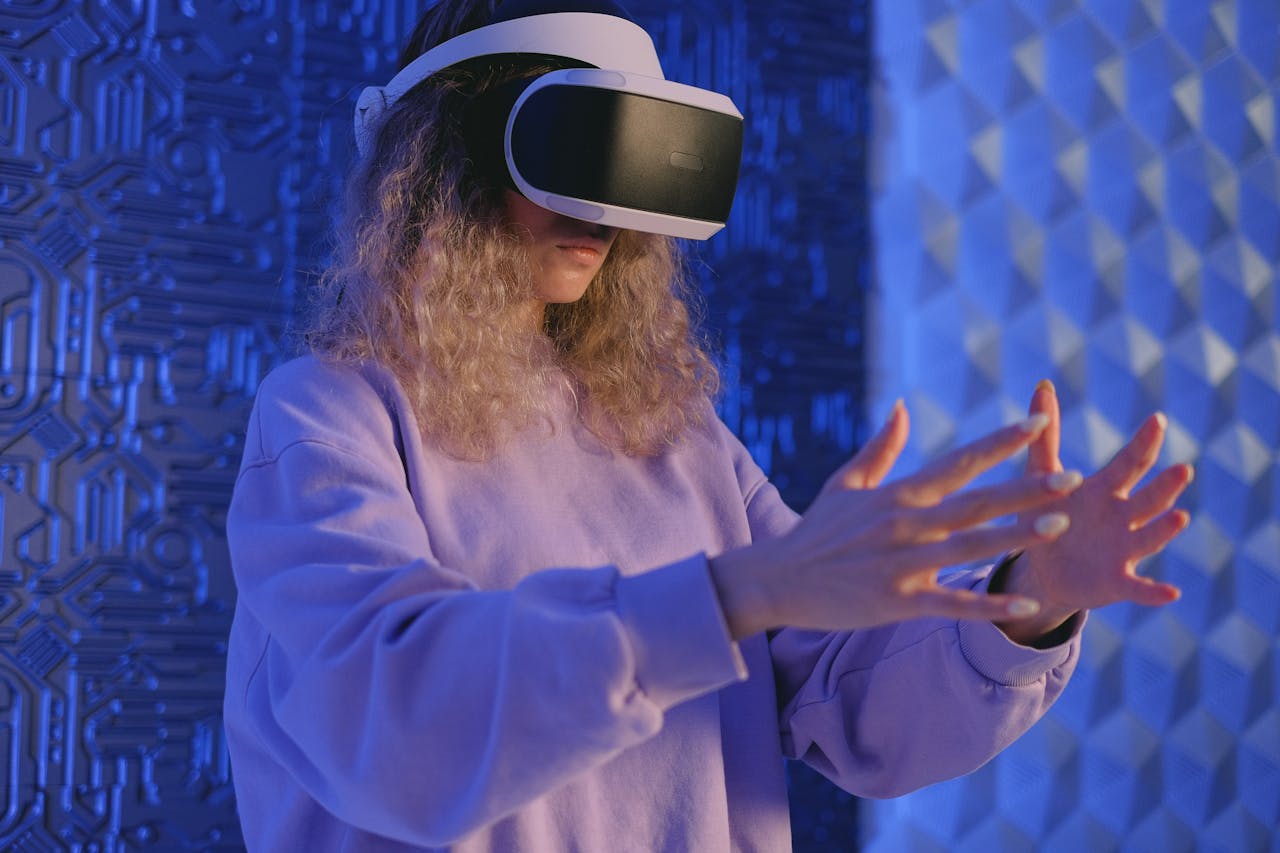 Woman experiencing virtual reality immersed in a futuristic setting with VR headset.